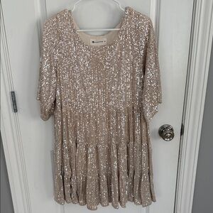 The Impeccable Pig Sequined Tiered women’s Babydoll Dress in Champagne, Size M